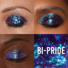 Drei Nahaufnahmen geschlossener Augen von Personen mit unterschiedlichem Hautton mit den Infinite Chrome Flakes Bi-Pride in schimmerndem lila-blau.