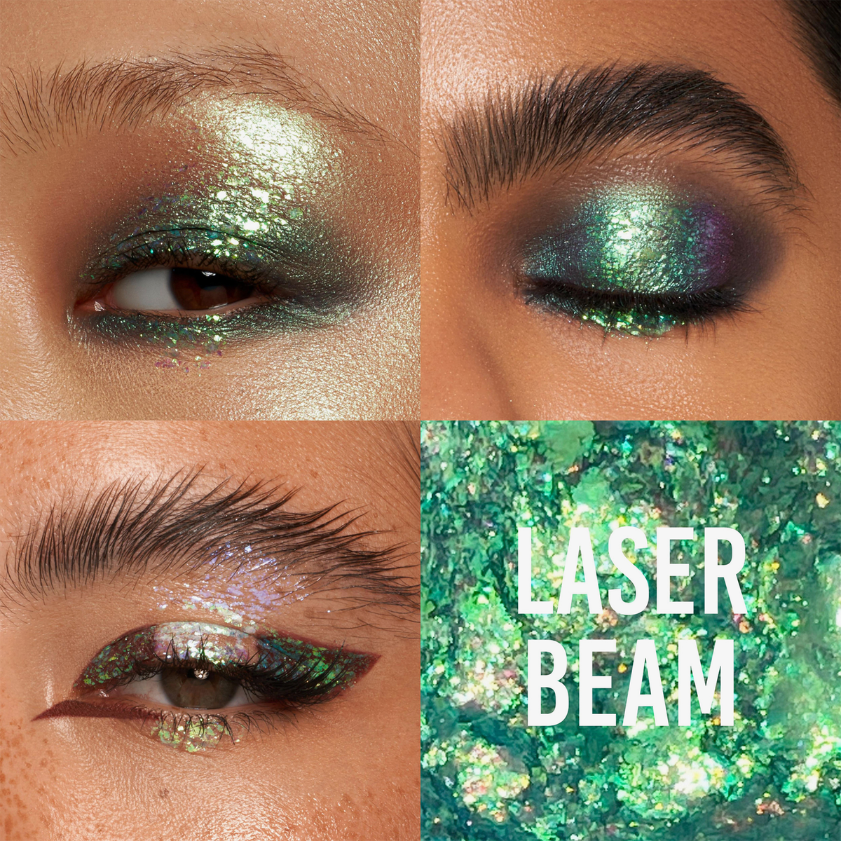 Drei Nahaufnahmen von Augen mit grün schimmerndem Glitzer-Augen-Make-up unter Verwendung von Danessa Myricks Beauty Infinite Chrome Flakes Laser Beam.