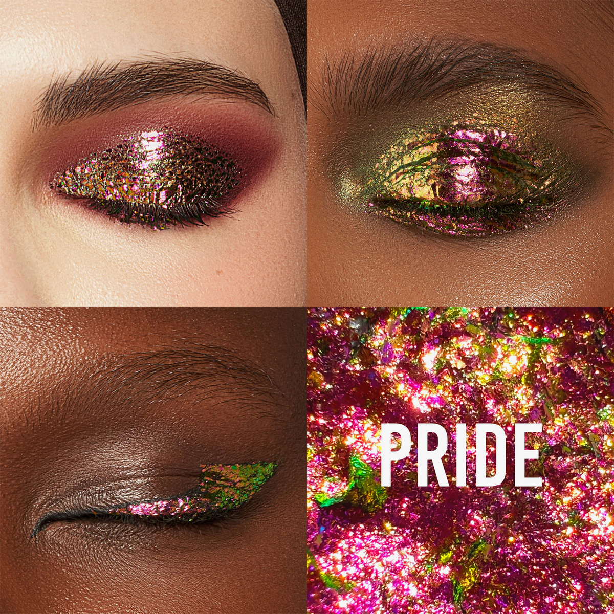 Drei Nahaufnahmen von leuchtenden, glitzernden Augen-Looks, die mit den Infinite Chrome Flakes von Danessa Myricks Beauty Pride kreiert wurden.