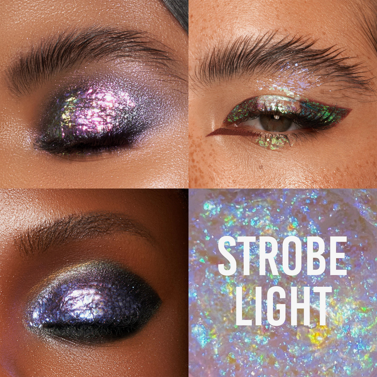 Drei Nahaufnahmen zeigen schimmernde Augen-Looks und einen Swatch der Danessa Myricks Beauty Infinite Chrome Flakes STROBE LIGHT.