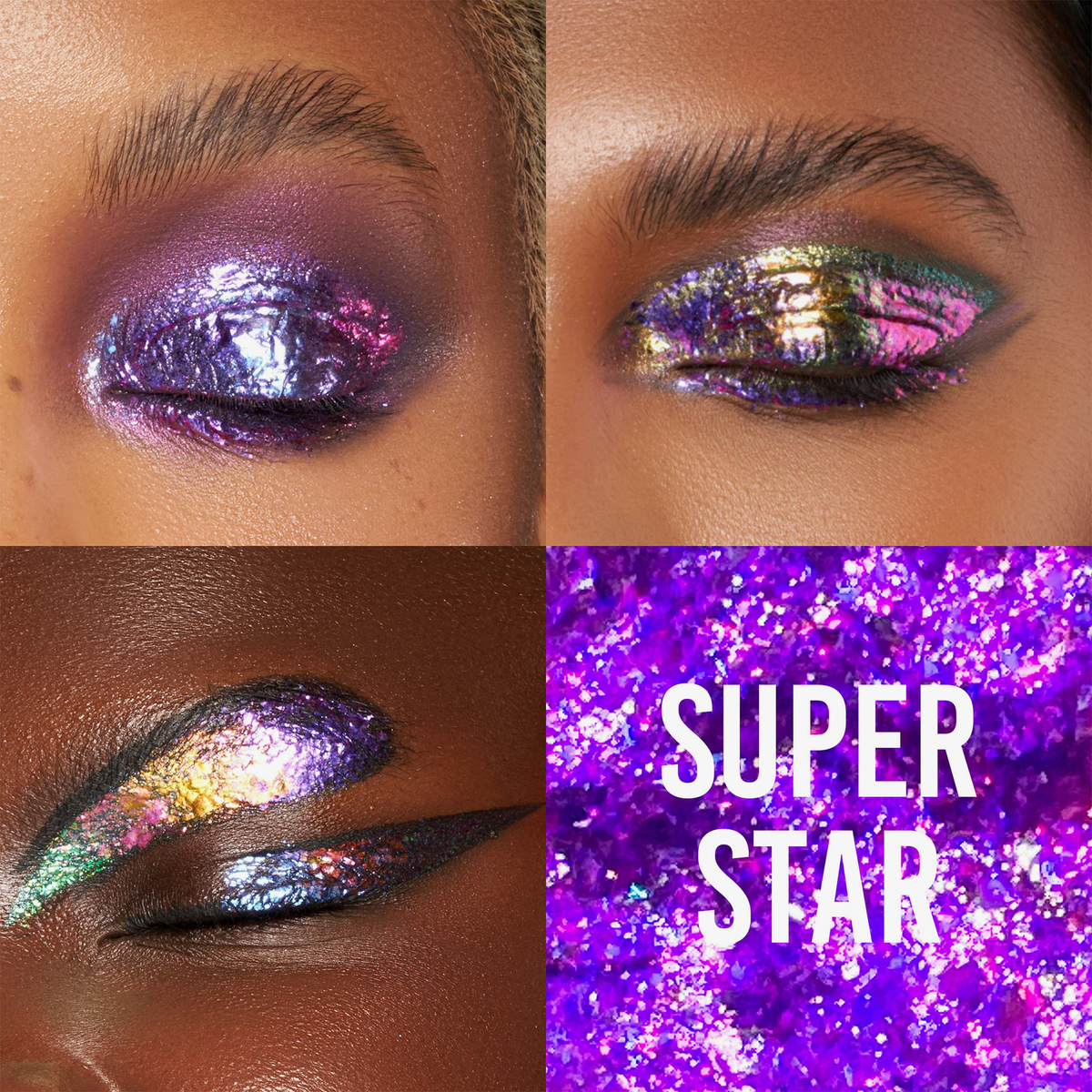 Drei Augen funkeln mit kräftigen Augenbrauen und leuchtendem Glitzerschatten, der mit Danessa Myricks Beauty Infinite Chrome Flakes Superstar kreiert wurde.