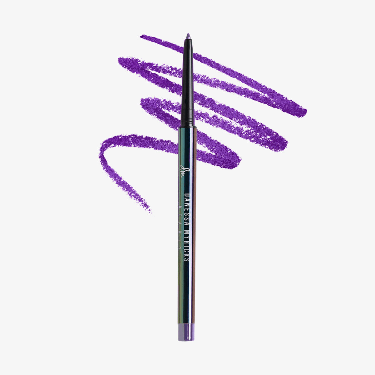 Schwarzer glänzender Infinite Chrome Pencil Charoite; dahinter gezeichnete lila Striche auf weißem Hintergrund.