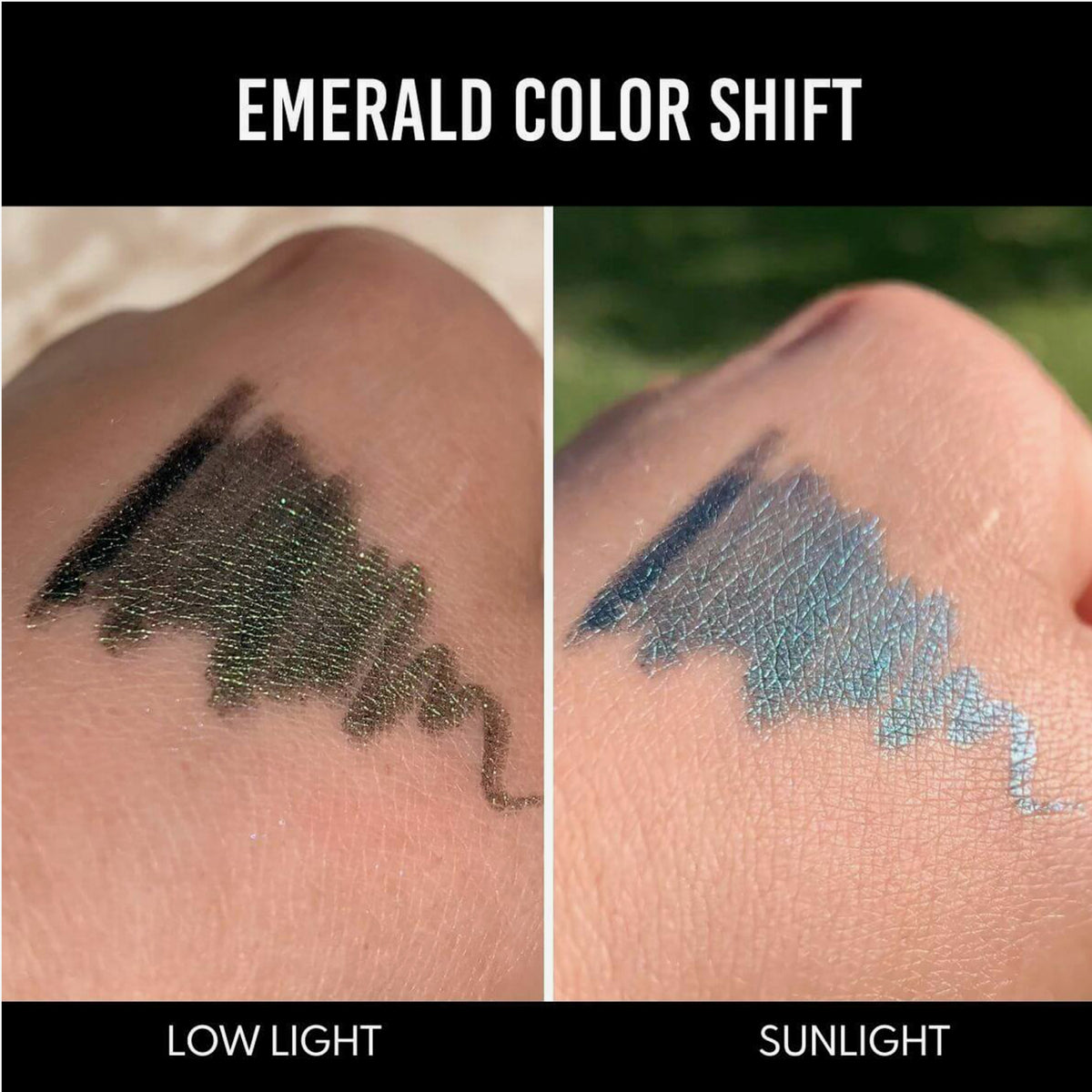 ne Hand zeigt Farbmuster des Infinite Chrome Pencil Emerald bei schwachem Licht (grünlich schimmernd) und im Sonnenlicht (blau schimmernd).