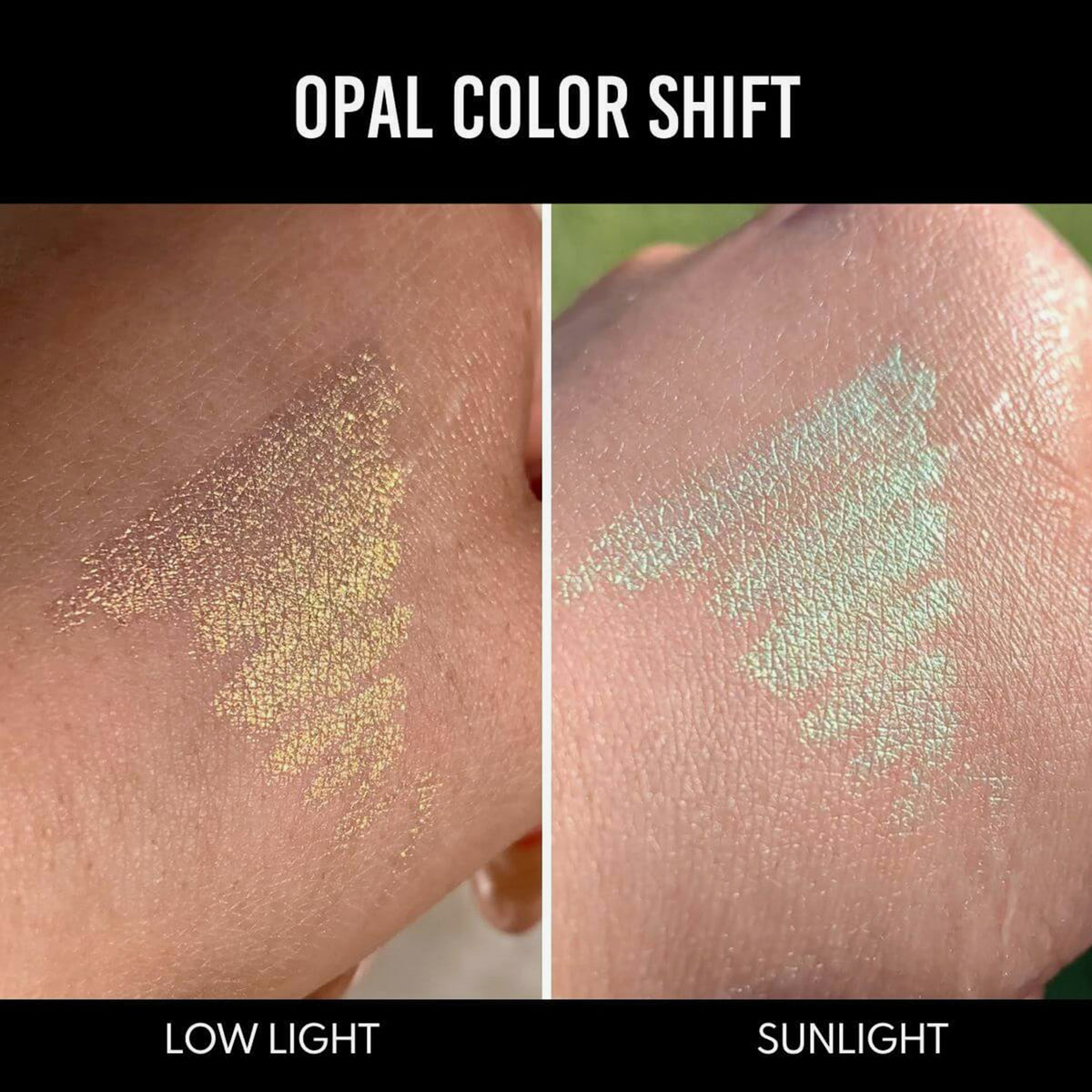 Eine Hand zeigt Farbmuster des Infinite Chrome Pencil Opal bei schwachem Licht (orange-gelb schimmernd) und im Sonnenlicht (pastellgrün schimmernd).