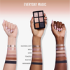 Drei Arme mit unterschiedlichen Hauttönen zeigen sechs Swatches und über dem mittleren Arm die Danessa Myricks Beauty Lightwork Palette Freedom Palette Everyday Magic.