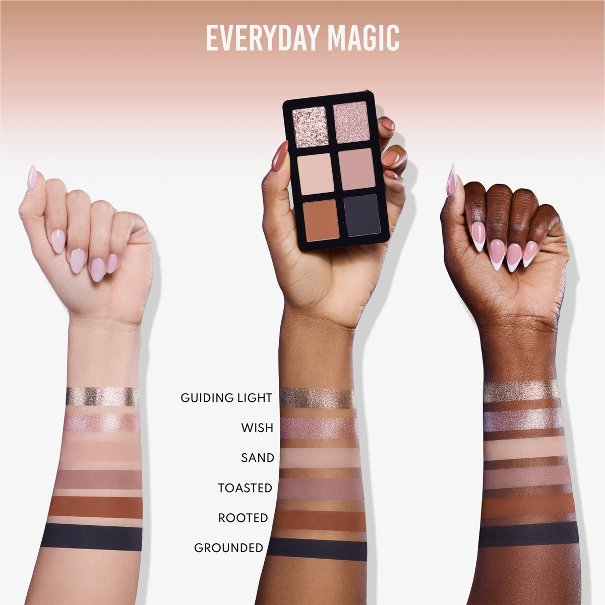 Drei Arme mit unterschiedlichen Hauttönen zeigen sechs Swatches und über dem mittleren Arm die Danessa Myricks Beauty Lightwork Palette Freedom Palette Everyday Magic.