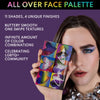 Eine Person mit auffälligem Make-up hält die leuchtende Love is Love-Palette; der Text hebt ihre Texturen, Farbtöne und LGBTQ+ Unterstützung hervor.
