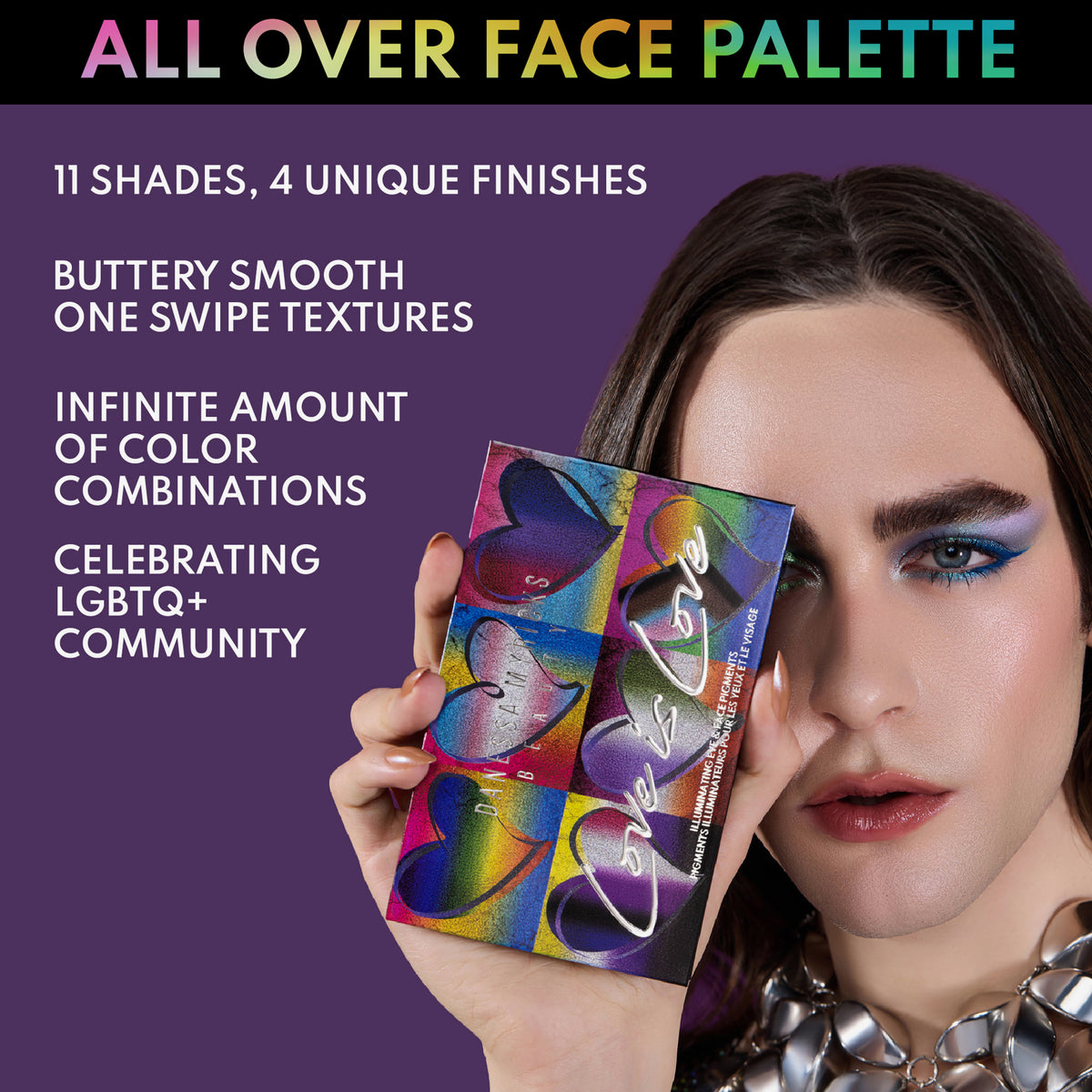 Eine Person mit auffälligem Make-up hält die leuchtende Love is Love-Palette; der Text hebt ihre Texturen, Farbtöne und LGBTQ+ Unterstützung hervor.
