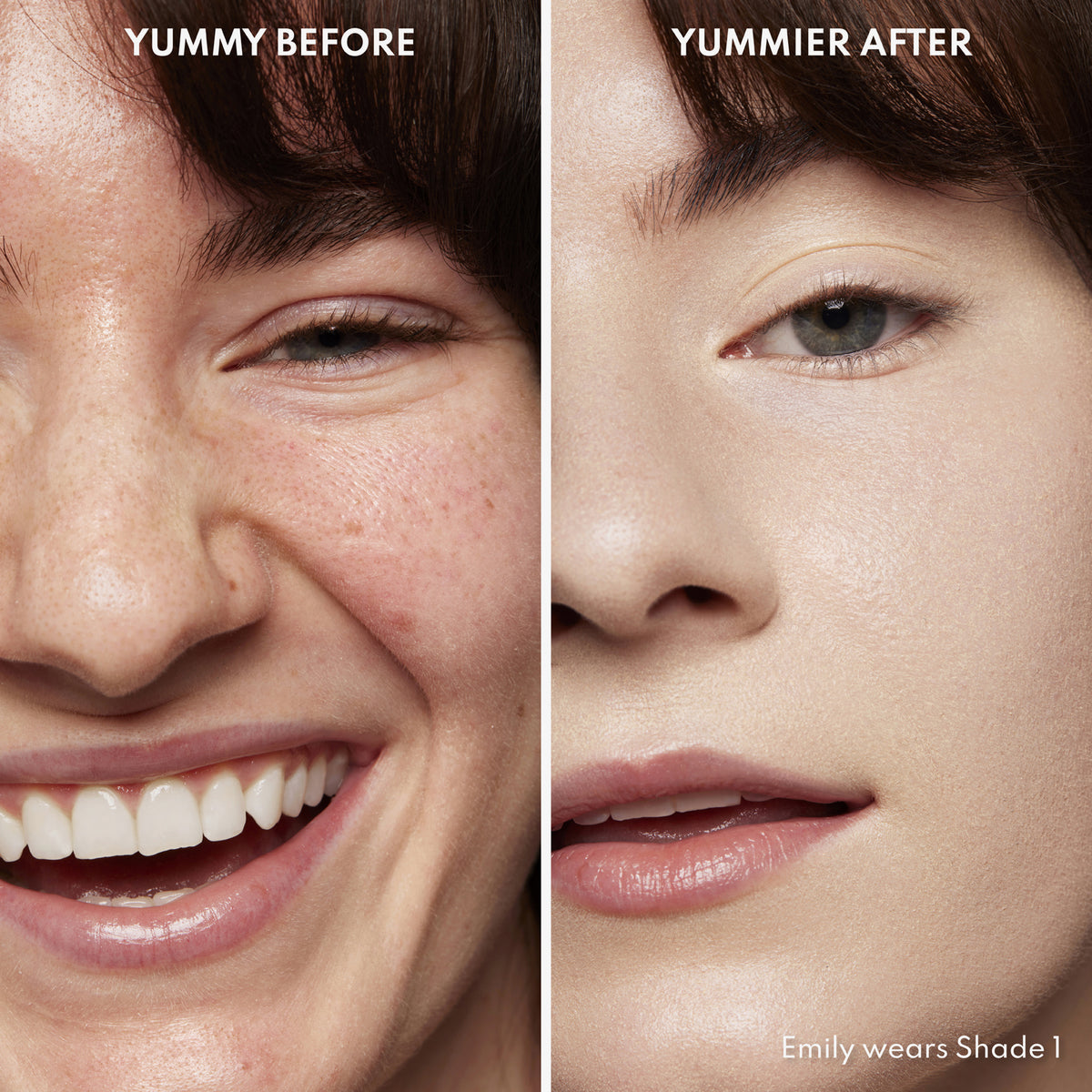 Vorher-Nachher-Bild einer Frau mit hellem Hautton nach Anwendung des Yummy Skin Serum Tint 1 – sichtbar ebenmäßiger Teint.