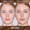 Gegenüberstellung des Gesichts einer Frau vor und nach der Anwendung des Danessa Myricks Beauty Yummy Skin Glow Serum Juice Boost; ihre Haut sieht nach der Anwendung deutlich glatter und glänzender aus.