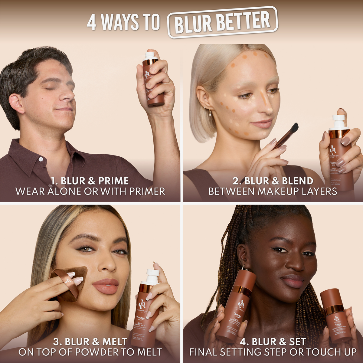 Vier Anwendungsarten des Blurring Balm Sprays: als Primer, zwischen Make-up-Schichten, über Puder zum Verschmelzen und als finales Fixier- oder Auffrischungsspray.