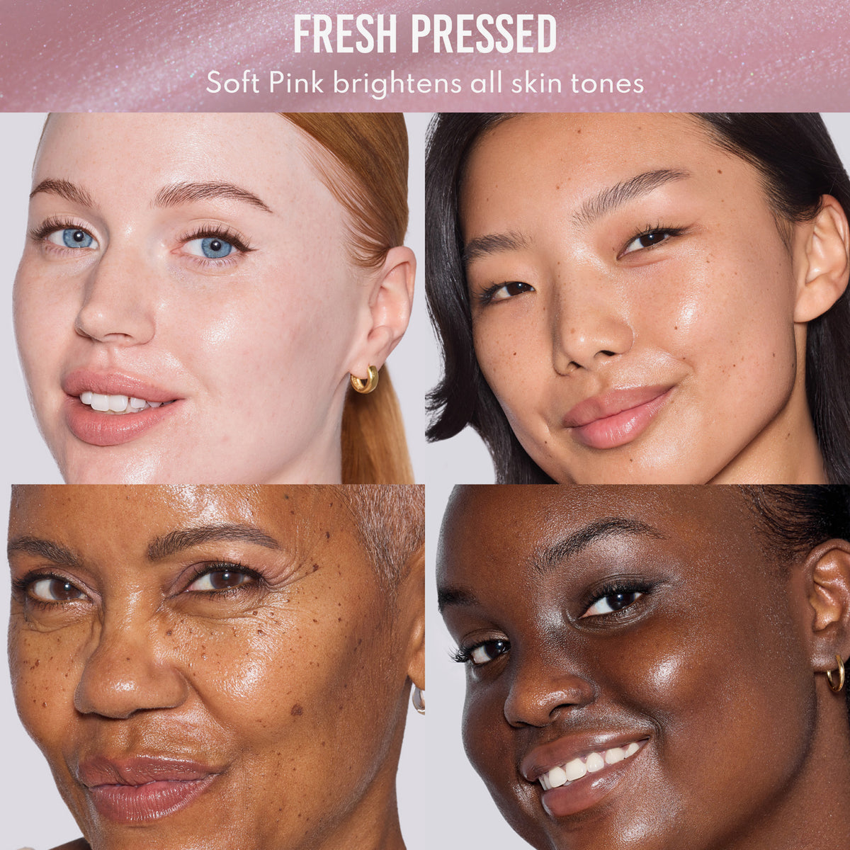 Bilder von vier Frauen mit unterschiedlichen Hauttönen, alle mit strahlender, frischer Haut dank Yummy Skin Glow Serum Fresh Pressed.