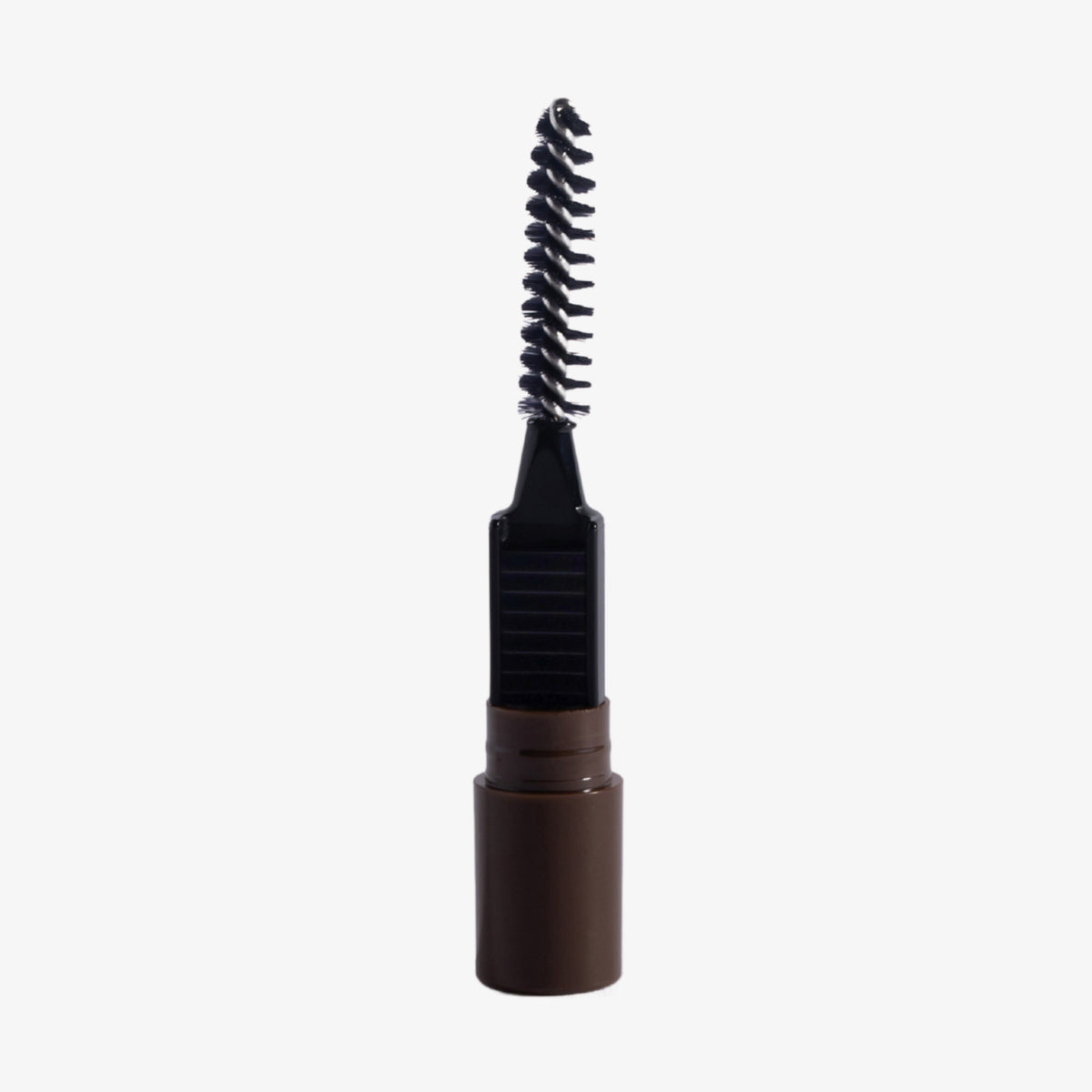 Schwarzer Spoolie-Pinsel-Applikator des Dominique Brow Frame Pencil ist auf weißem Hintergrund abgebildet.