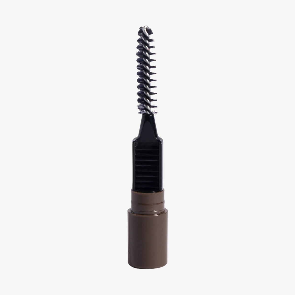 Schwarzer Spoolie-Pinsel-Applikator des Dominique Brow Frame Pencil ist auf weißem Hintergrund abgebildet.