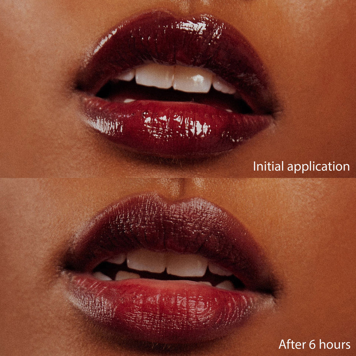 Nahaufnahme der Lippen mit Pillow Soft Hydrating Lip & Cheek Stain in Dunkelrot: Das obere Bild zeigt frisch aufgetragene Farbe, das untere Bild zeigt das Ergebnis nach 6 Stunden Tragezeit.