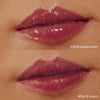 Nahaufnahme der Lippen mit Pillow Soft Hydrating Lip & Cheek Stain. Nach dem Auftragen zeigt sich eine glänzende Farbe, nach 6 Stunden sieht sie jedoch verblasst aus.