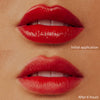 Oben: Frisch aufgetragener Pillow Soft Hydrating Lip & Cheek Stain. Unten: Verblasster Stain nach 6 Stunden. Jedes Bild ist mit Text beschriftet.