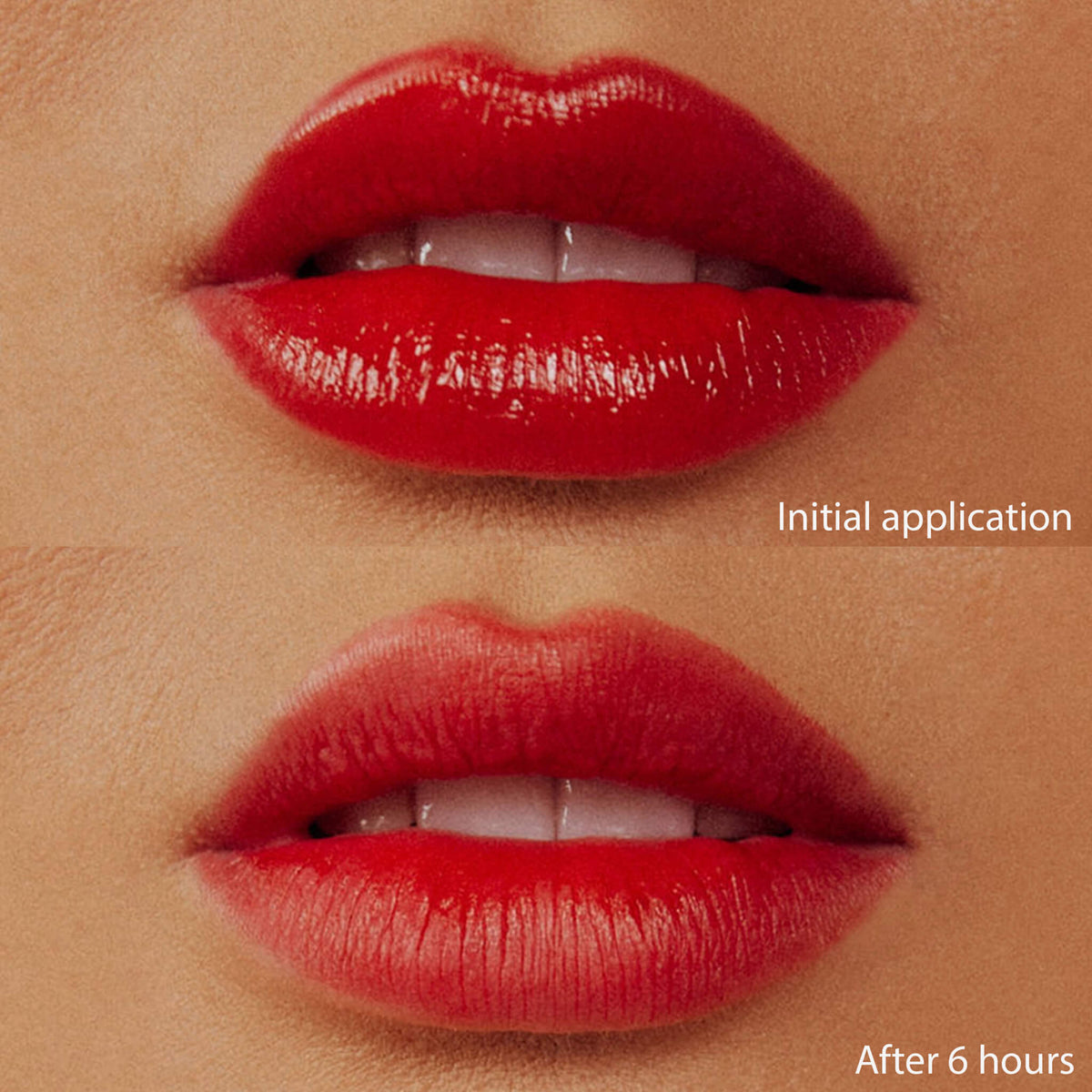 Oben: Frisch aufgetragener Pillow Soft Hydrating Lip & Cheek Stain. Unten: Verblasster Stain nach 6 Stunden. Jedes Bild ist mit Text beschriftet.