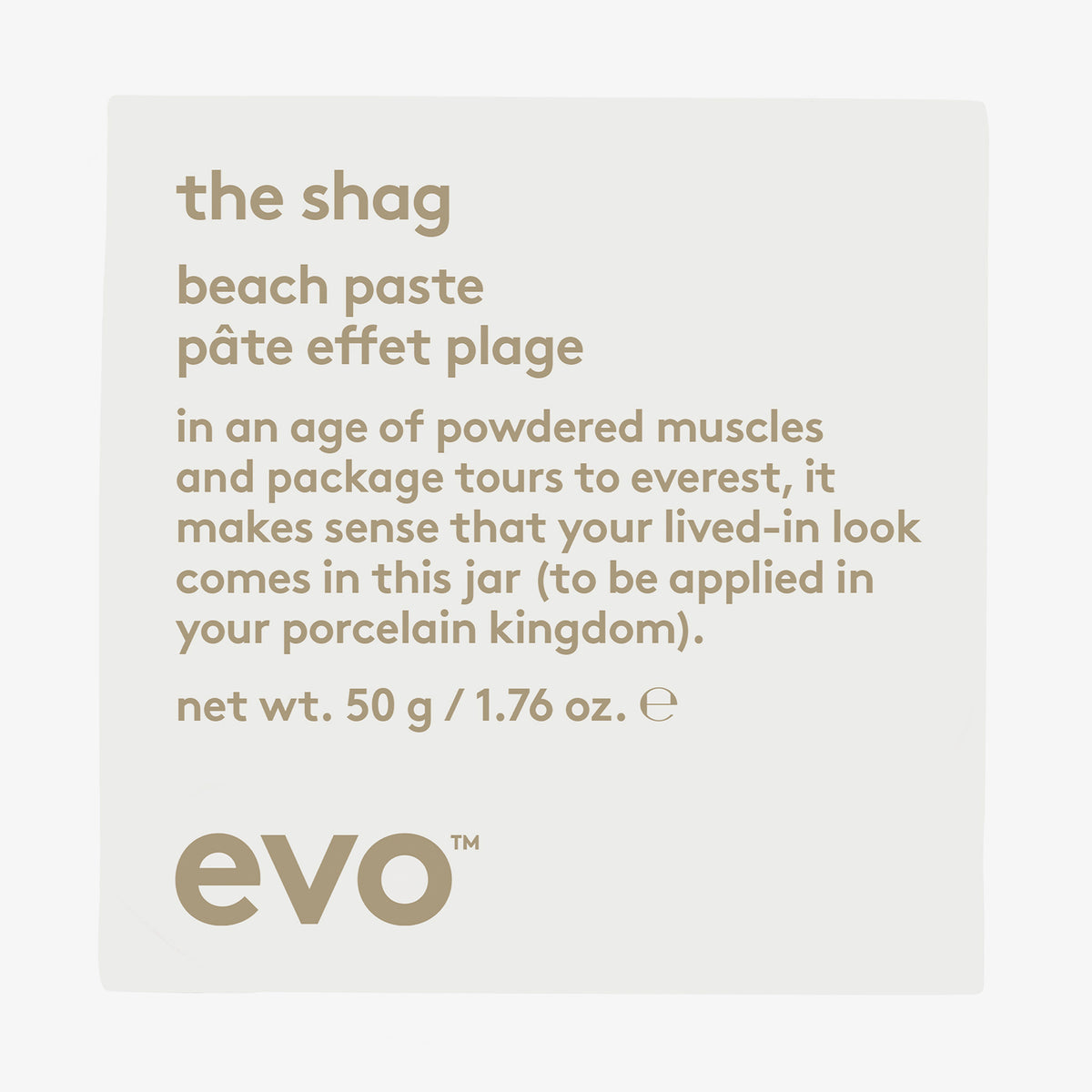 Quadratische weiße Verpackung der The Shag Beach Paste mit Produktdetails und humorvoller Beschreibung.