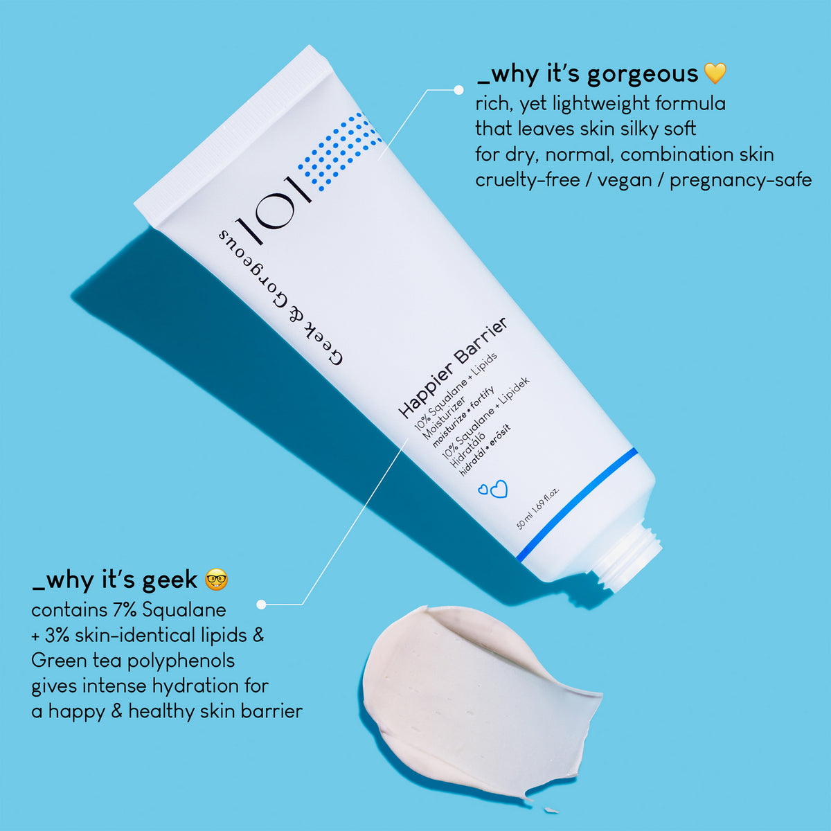 Weiße Tube Happier Barrier Creme auf blauem Hintergrund; daneben Infos zu Inhaltsstoffen und Produkteigenschaften.