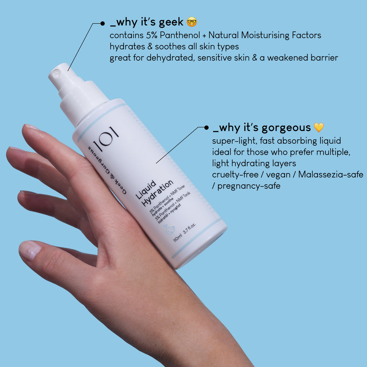 Eine Hand hält eine weiße Flasche Liquid Hydration vor einem blauen Hintergrund; daneben Infos zu Inhaltsstoffen und Produkteigenschaften.