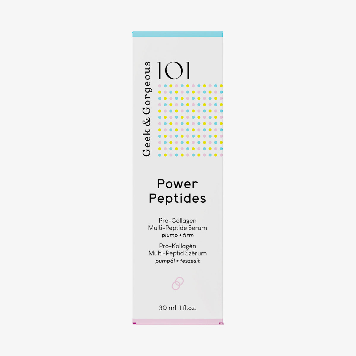 Weiße Schachtel Power Peptides Serum mit bunten Punkten und schwarzem Text vor weißem Hintergrund.