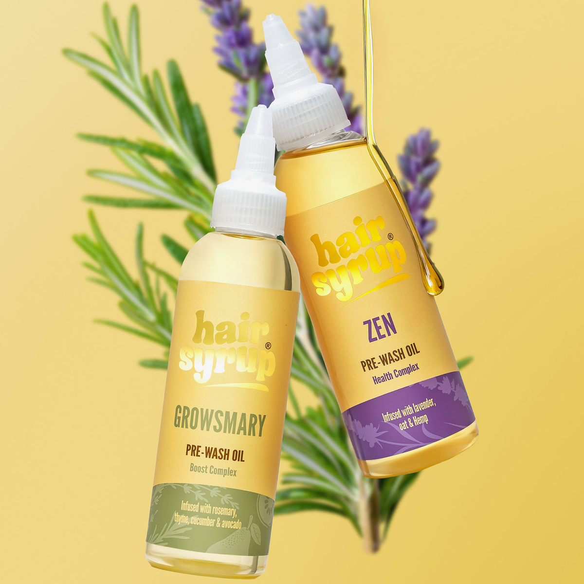 Zwei Flaschen Hair Syrup Zen Haaröl mit Rosmarin und Lavendel im Hintergrund auf einem gelben Hintergrund.