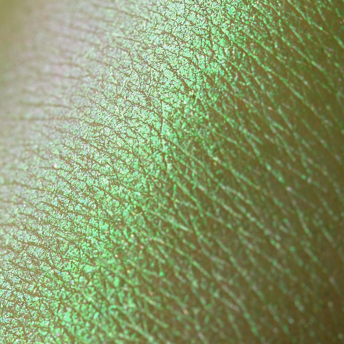 Nahaufnahme der Textur des Opal Moonstone Loose Multichrome Eyeshadow Lucky Charm; ein grün schimmerndes Pigment.