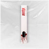 Weiße Verpackung des Dexter Lip Stain Dark Passenger von Lethal Cosmetics mit rotem Text und Bluttropfen-Design vor einer  Plastikfolie.