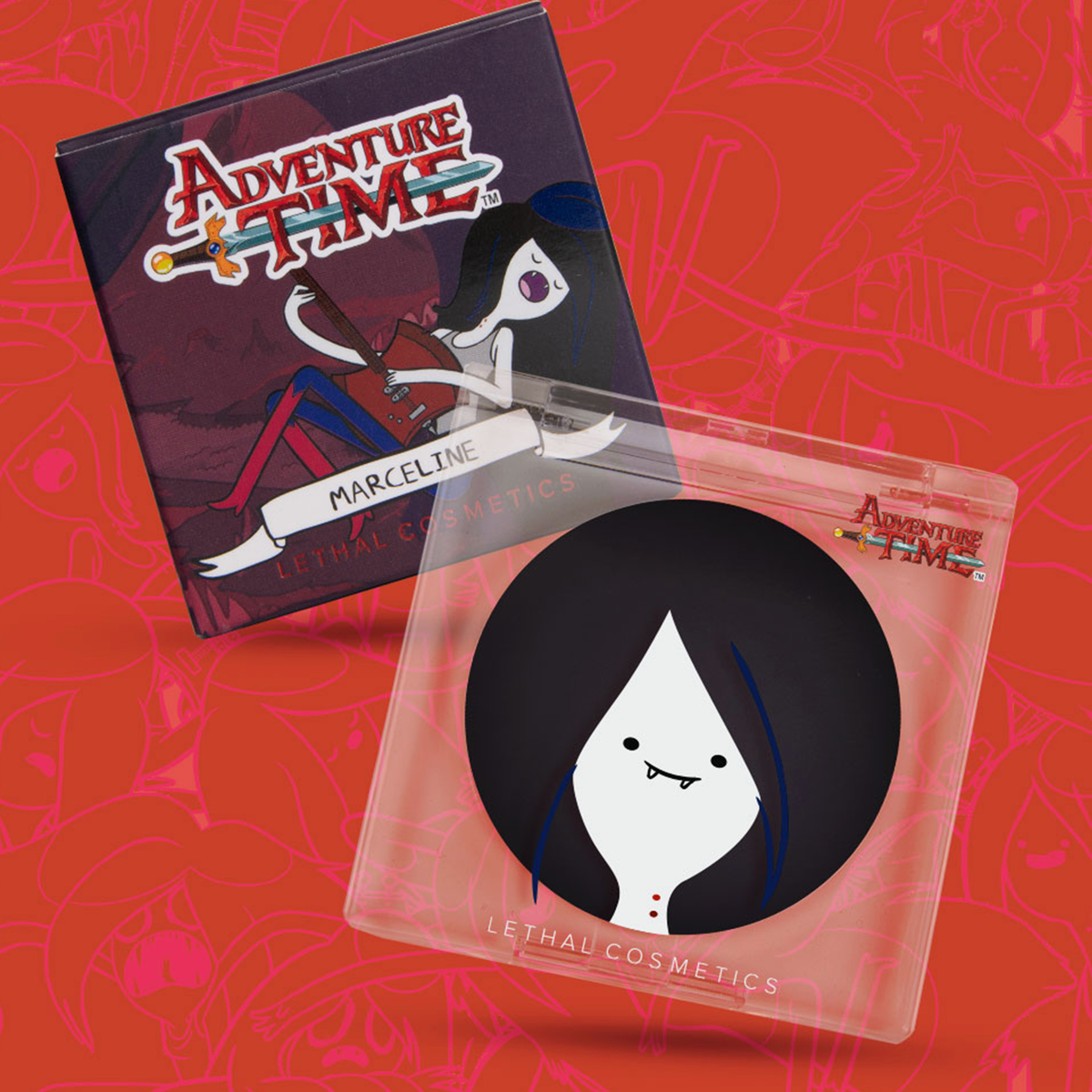 Schachrel und Kompaktdose des Lethal Cosmetics Adventure Time Blush Marceline auf rotem Hintergrund.