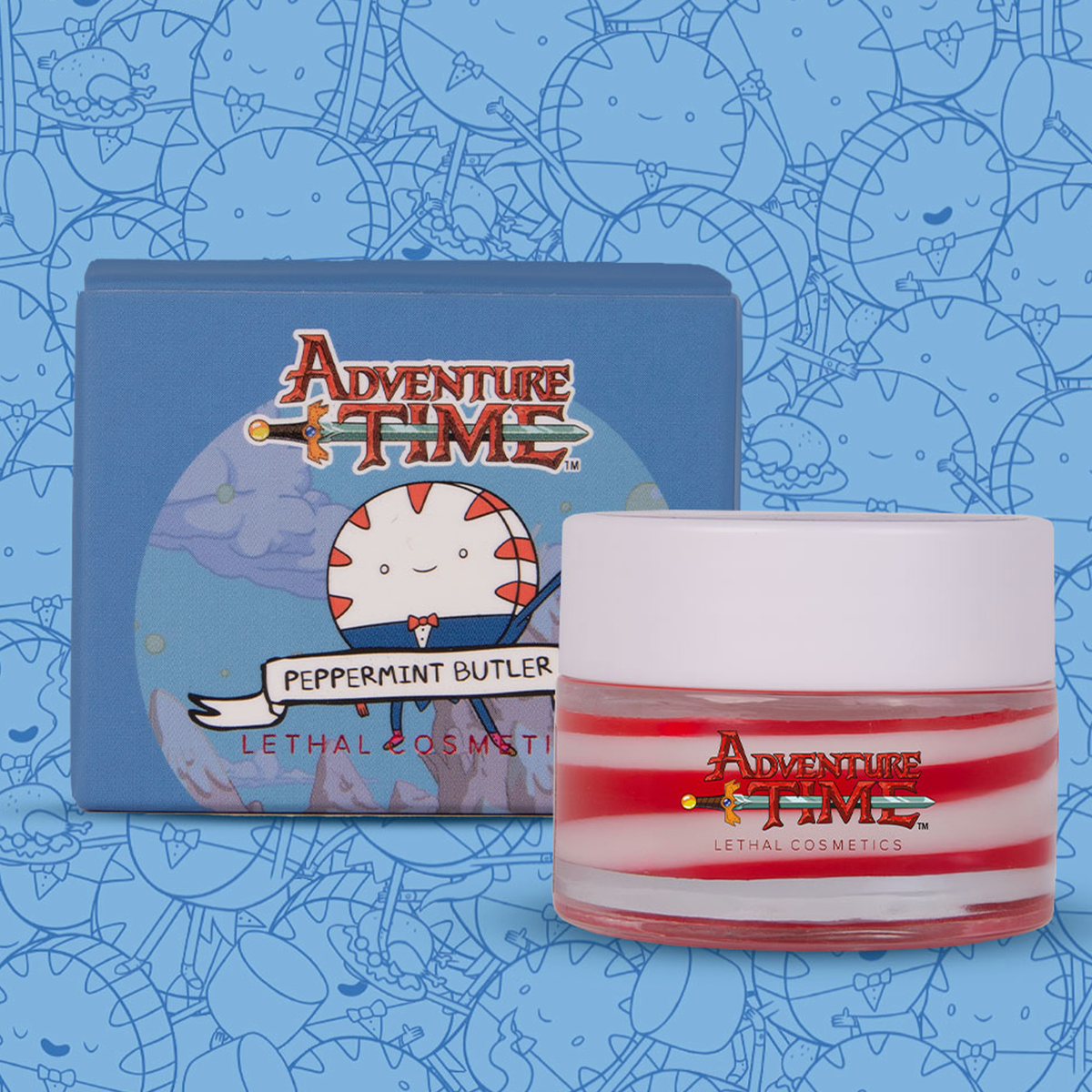 Blaue Verapckung der Adventure Time Peppermint Butler Lip Mask mit Abbildung des Peppermint Butler neben Tiegel des Produkts.