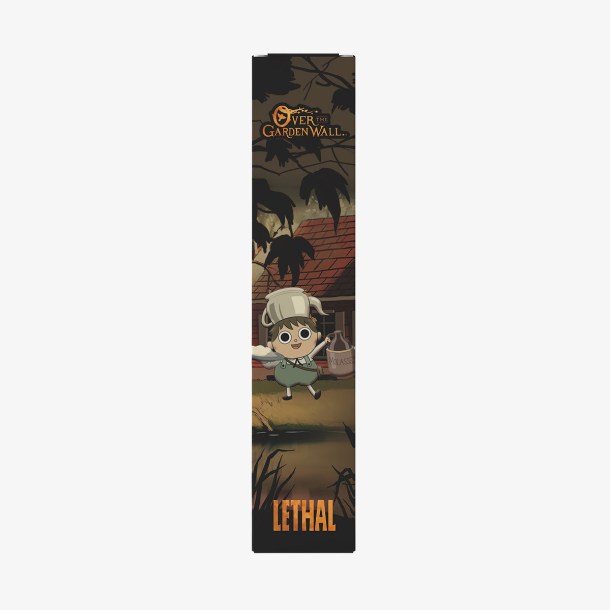 Auf dem „Over the Garden Wall Potatoes & Molasses Swirled Lip Gloss“ von Lethal Cosmetics ist ein Cartoon-Junge mit einem Teekannenhut zu sehen, der einen Frosch in der Hand hält.