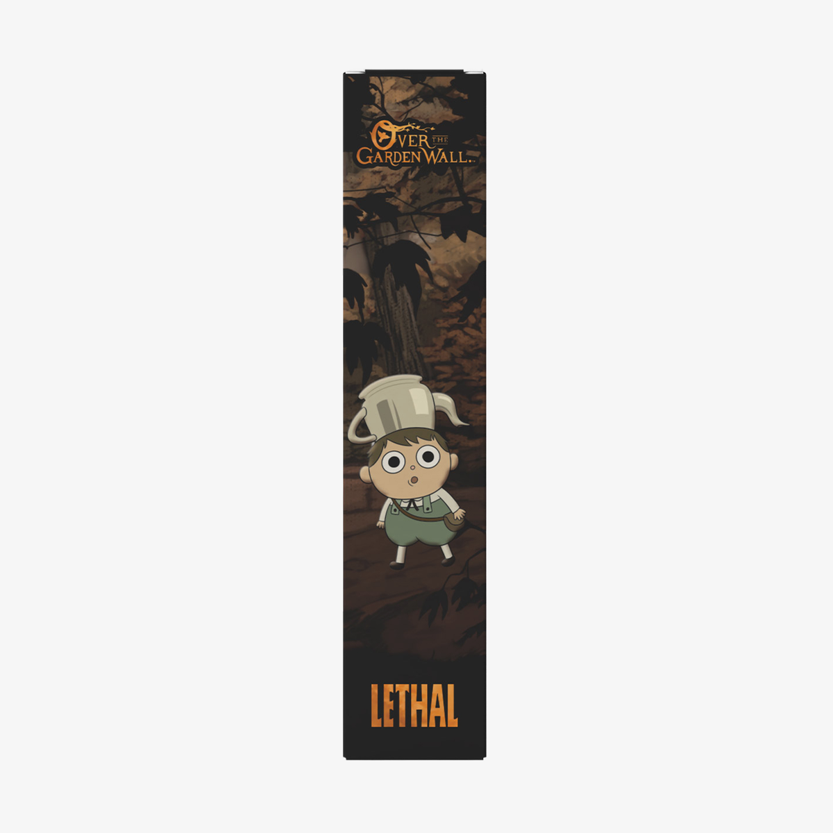 Cartoon-Junge mit einem Wasserkocher auf dem Kopf in einem dunklen Wald. Text: „Over The Garden Wall“ – „Rock Fact Velvet Liquid Lipstick“ von Lethal Cosmetics.