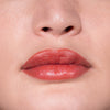 Nahaufnahme von glänzenden, rostorangen Lippen mit dem Fantastick Lipstick Poppy von LH Cosmetics.