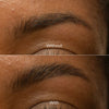Nahaufnahme einer Augenbraue vor (oben) und nach (unten) dem Auftragen des The Brow Wax von LH Cosmetics; nachher definiert und geformt.