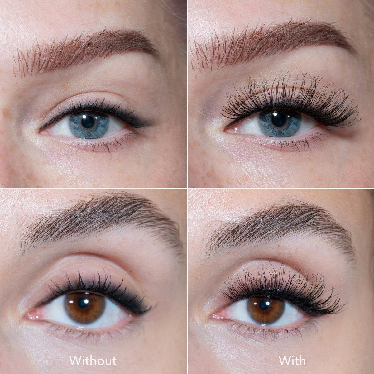 Nahaufnahmen von Augen mit natürlichen Wimpern auf der linken Seite und vollen, langen falschen Wimpern dank "The Lash" Bestie von LH Cosmetics auf der rechten Seite.