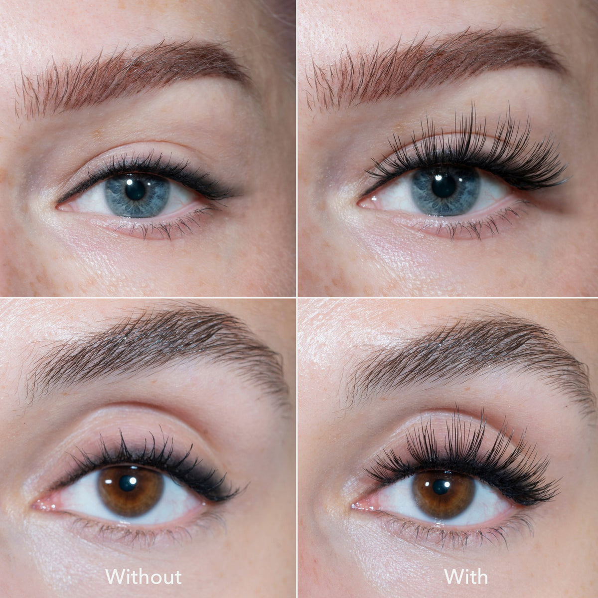 Nahaufnahmen von Augen mit natürlichen Wimpern auf der linken Seite und vollen, langen falschen Wimpern dank "The Lash" Hero von LH Cosmetics auf der rechten Seite.