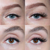Nahaufnahmen von Augen mit natürlichen Wimpern auf der linken Seite und ausfächernden, vollen falschen Wimpern dank "The Lash" Rockstar von LH Cosmetics auf der rechten Seite.