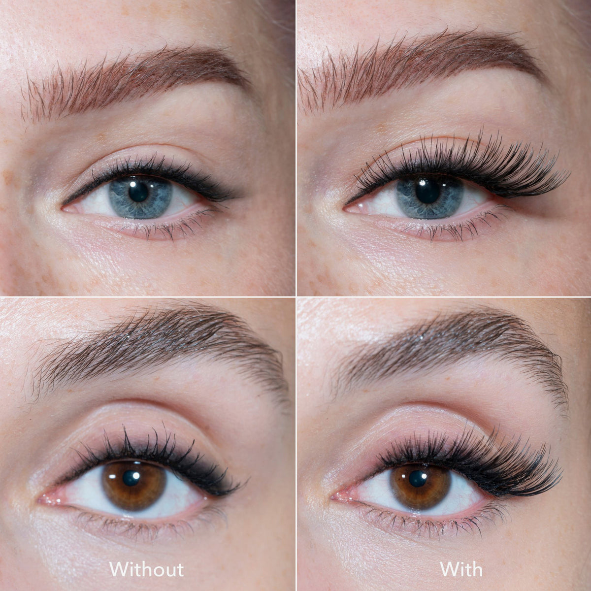 Nahaufnahmen von Augen mit natürlichen Wimpern auf der linken Seite und ausfächernden, vollen falschen Wimpern dank "The Lash" Rockstar von LH Cosmetics auf der rechten Seite.