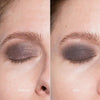 Nahaufnahme eines geschlossenen Auges mit Lidschatten: Die linke Seite ist ohne Primer, die rechte Seite mit LH Cosmetics Till The End Eyeshadow Primer.