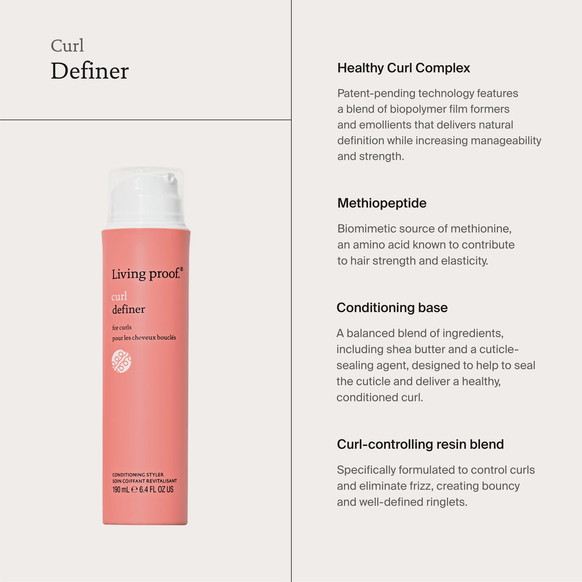 Eine Flasche Living Proof Curl Definer mit den Vorteilen und Inhaltsstoffdetails daneben.