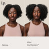 Vorher-Nachher-Bild einer Frau mit natürlichem Afro, nach Anwendung des Living Proof Curl Systems sichtbar definierter und voluminöser.