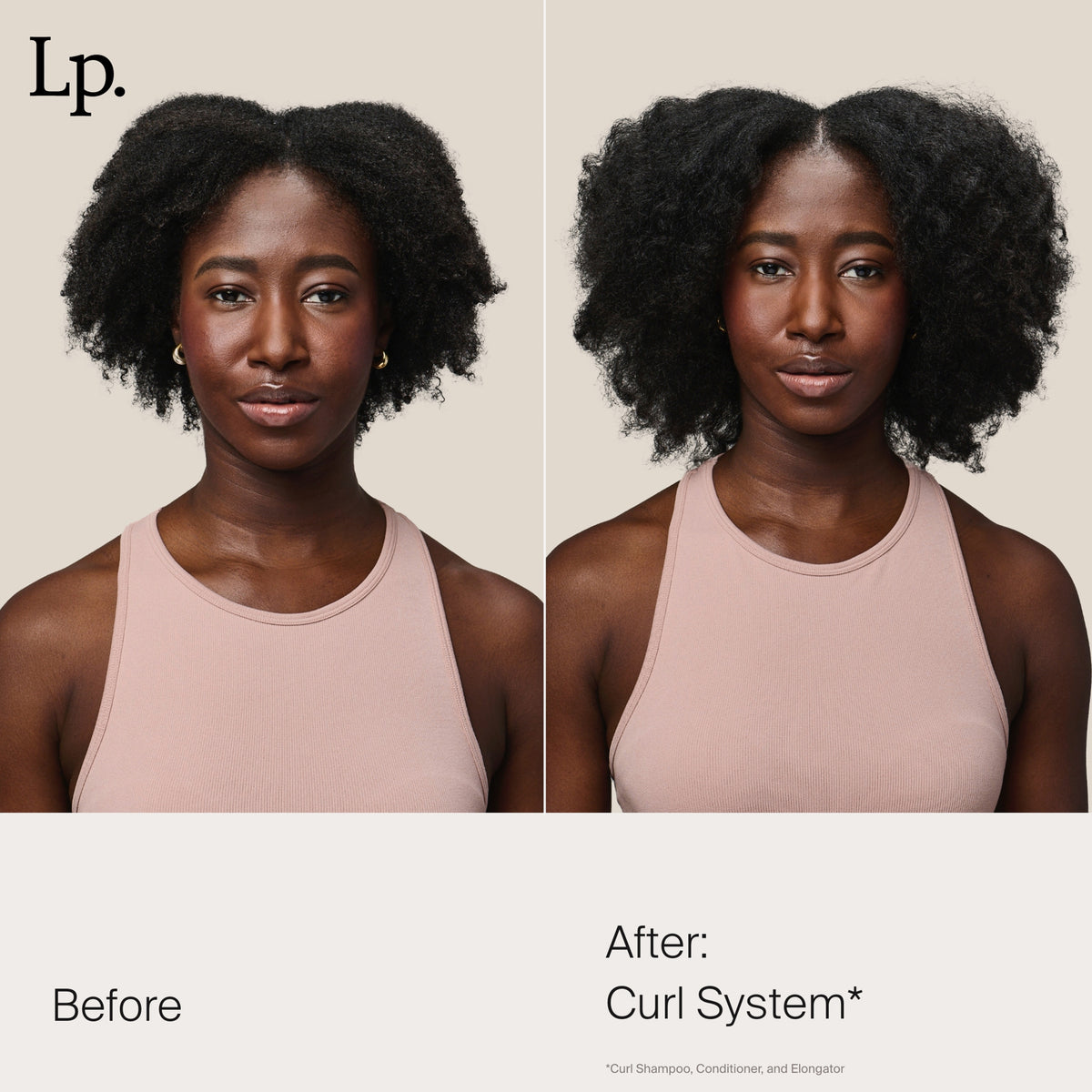 Vorher-Nachher-Bild einer Frau mit natürlichem Afro, nach Anwendung des Living Proof Curl Systems sichtbar definierter und voluminöser.