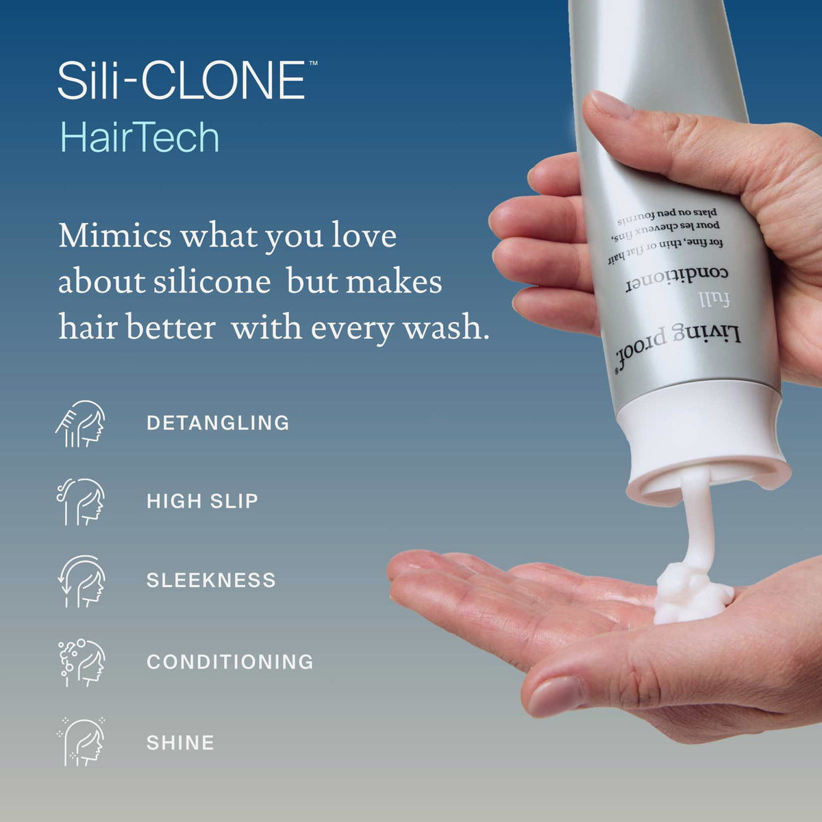 Eine Hand gibt Living Proof Full Conditioner auf eine Handfläche, wobei auf blauem Hintergrund die Vorteile für das Haar und die Produkteigenschaften hervorgehoben werden.