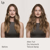 Nebeneinander einer Frau vor und nach der Verwendung von Living Proof Full Dry Volume & Texture Spray; nachher sichtbar volleres, strukturierteres Haar.