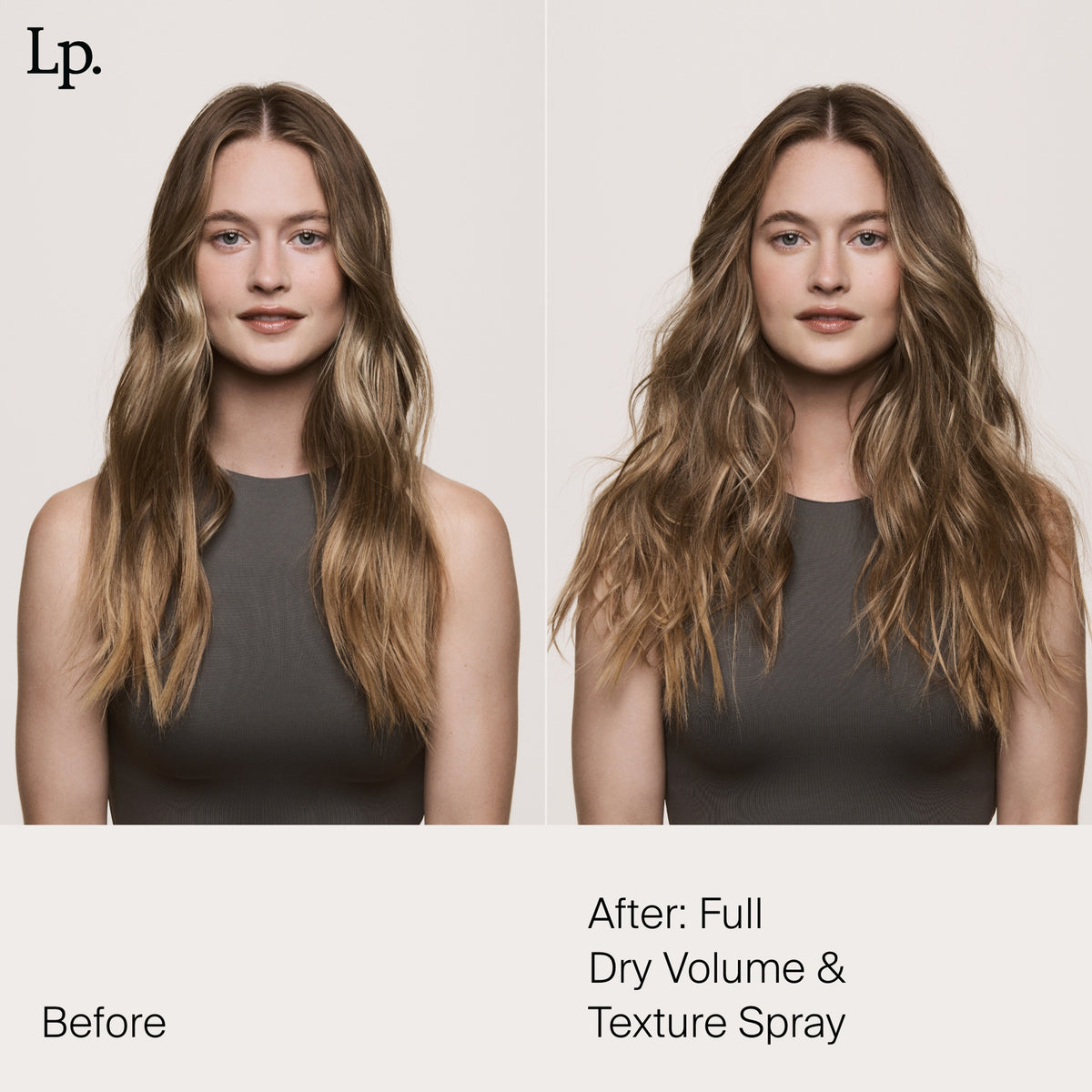 Nebeneinander einer Frau vor und nach der Verwendung von Living Proof Full Dry Volume & Texture Spray; nachher sichtbar volleres, strukturierteres Haar.