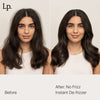 Vorher-Nachher einer Frau mit krausem Haar (vorher) und glattem, glänzendem Haar nach Anwendung des Living Proof No Frizz Instant De-Frizzer.