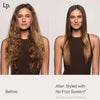 Geteiltes Bild einer Frau mit krausen Wellen vor und geglättetem geschmeidigem Haar nach der Anwendung der Living Proof No Frizz Smooth Styling Cream.