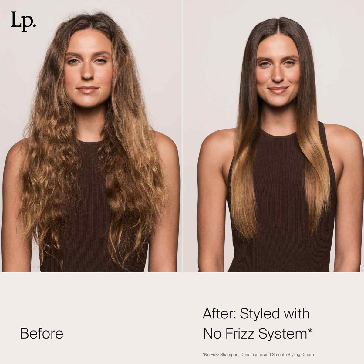 Geteiltes Bild einer Frau mit krausen Wellen vor und geglättetem geschmeidigem Haar nach der Anwendung der Living Proof No Frizz Smooth Styling Cream.