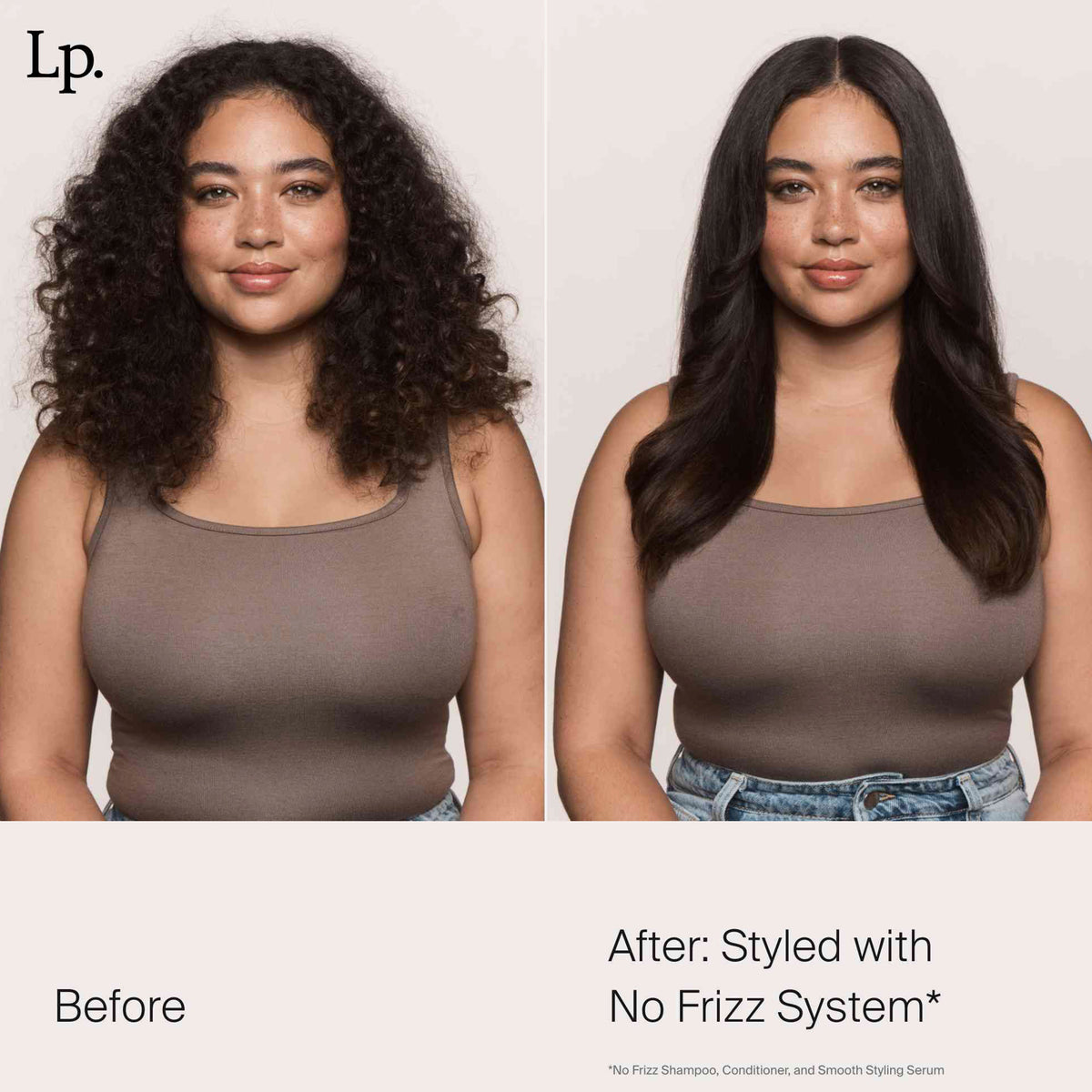 Frau mit lockigem Haar (vor) glattem, geschmeidigem Haar (nach), vor und nach der Verwendung des Living Proof No Frizz Smooth Styling Serum.